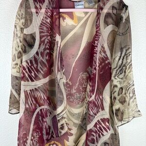 Chicos Kimono Open Front Sheer Brown Maroon Floral Print Size 0/1